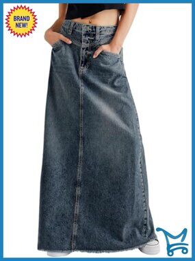 A-Line Frayed Maxi Denim Skirt Distressed High Waist Long Jean Skirt